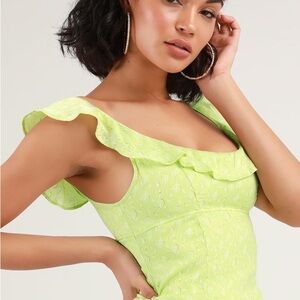 Free People Stay With You Lime Green Floral Print Satin Ruffled Top